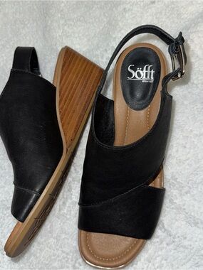 Sofft Wedge Sandals, Black, Ankle Buckle, Leather Upper, Women’s 9.5 Open Toe